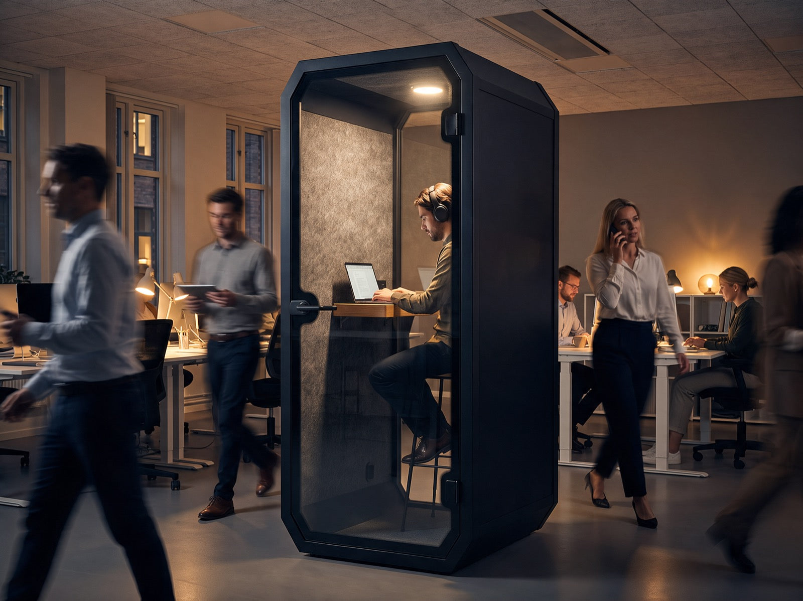 Geconcentreerd werken in een pod terwijl het kantoor doorgaat